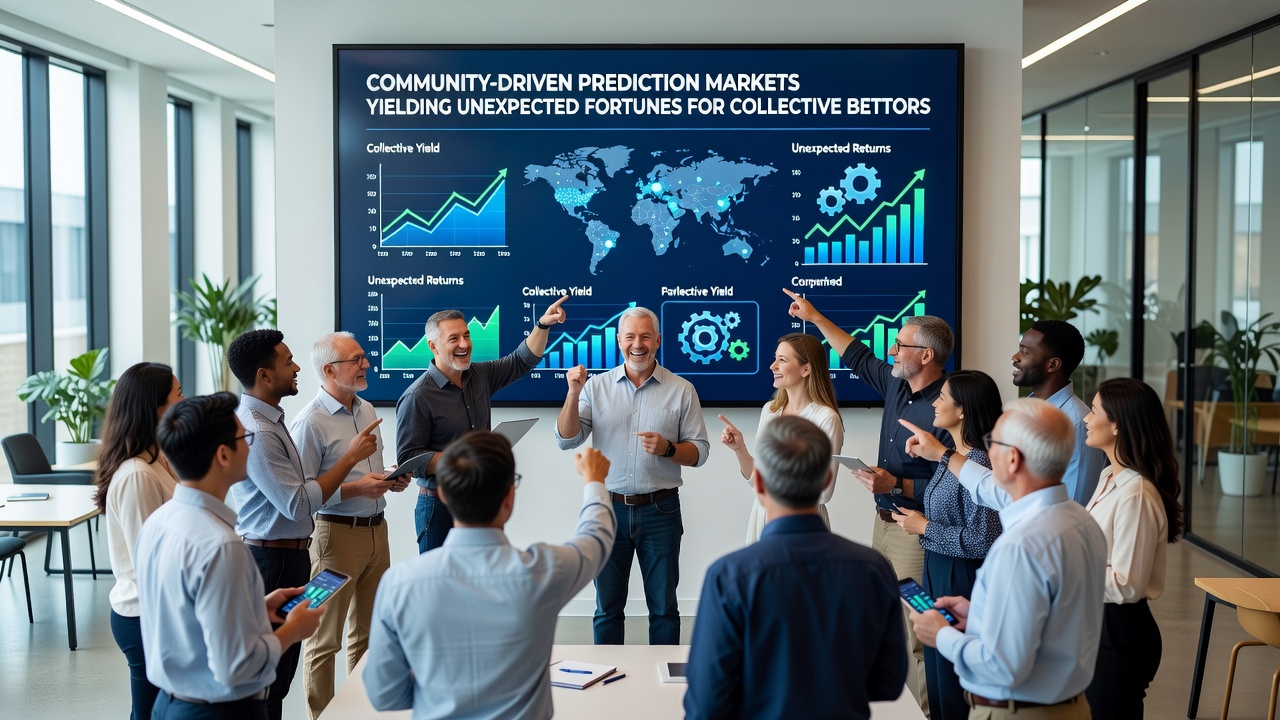 Group of forecasters reviewing payout distributions from a successful community prediction market pool on a large screen