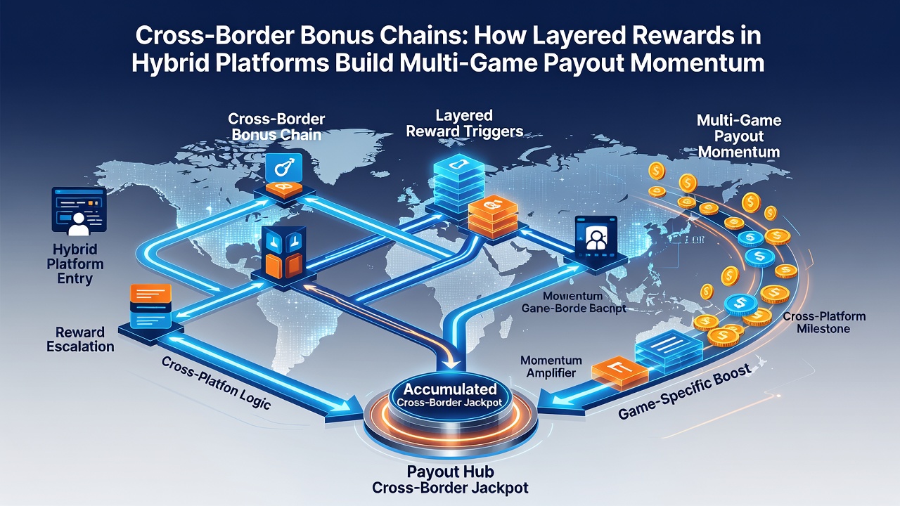 Illustration of bonus chain progression linking slots, bingo, and table games across borders