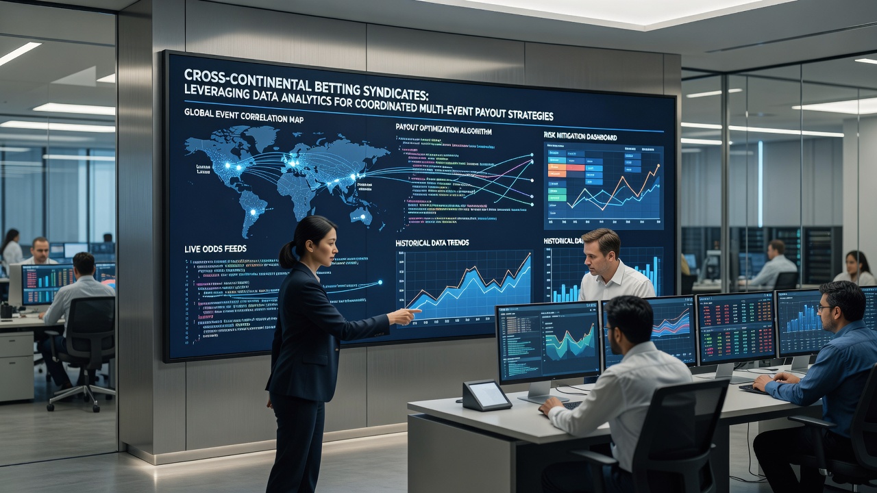 Analysts reviewing multi-event betting sequences on multiple screens in a syndicate control room