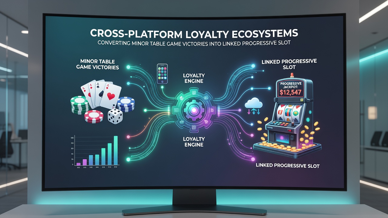 Diagram displaying loyalty point pathways from table game terminals to centralized progressive slot servers in multiple countries