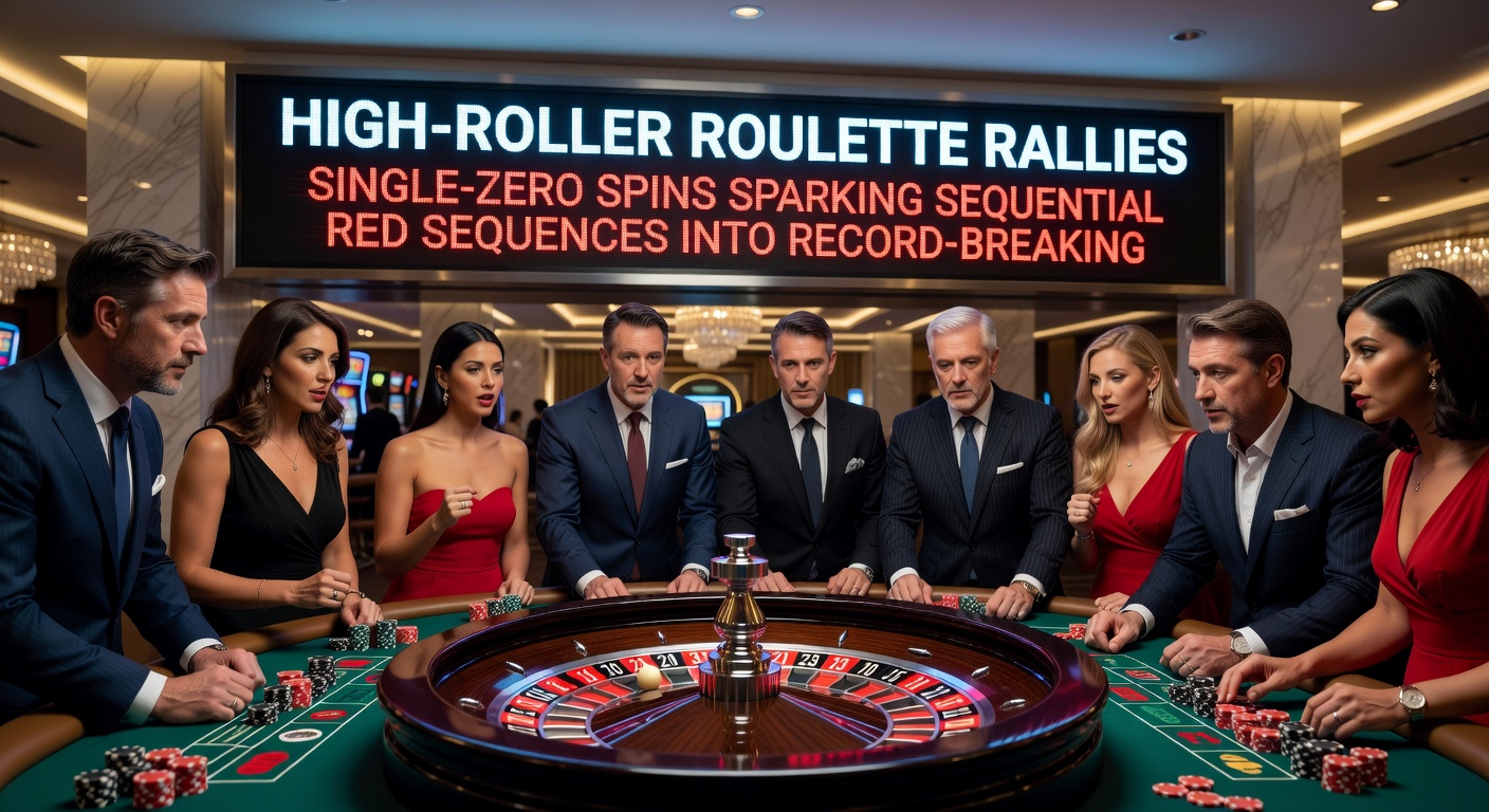 Close-up of a single-zero roulette wheel landing on red after a long streak, surrounded by ecstatic high-rollers and towering chip stacks