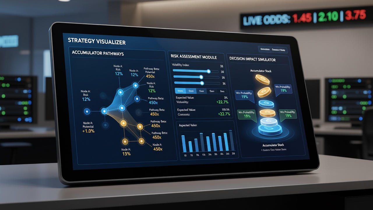Close-up view of a mobile accumulator builder showing risk meters and payout projections for multi-leg wagers