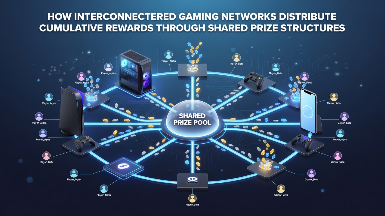 Illustration of global prize distribution where rewards flow from a central network hub to players in different countries