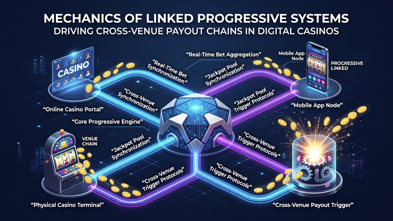 Illustration of cross-venue payout chains where a jackpot win at one digital casino triggers distribution from pooled contributions across multiple platforms