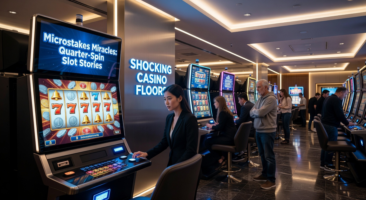 Close-up of a slot machine screen showing a jackpot win on a quarter bet, with casino chips and excited players in the background