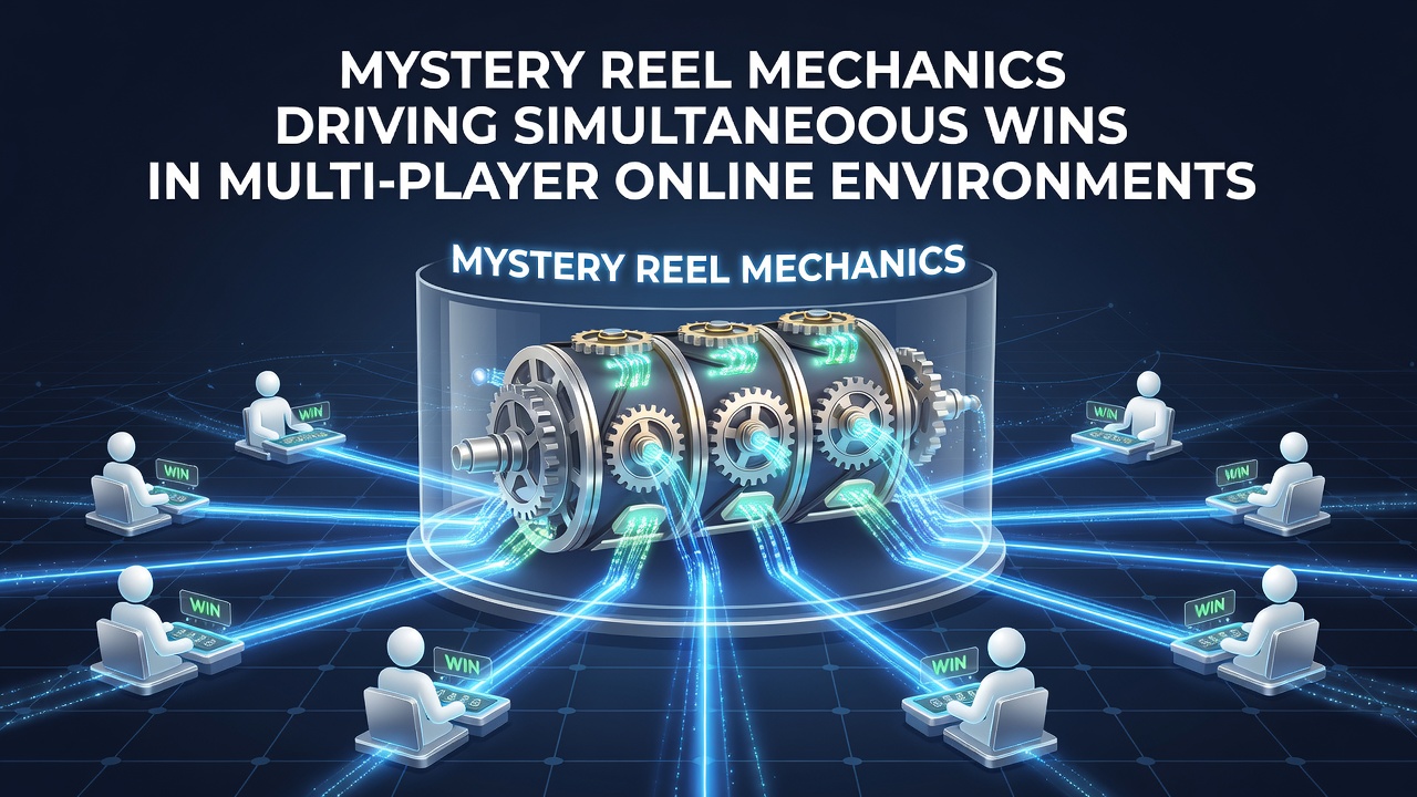 Screenshot of synchronized mystery reel reveal showing simultaneous jackpot notifications across several player interfaces in a shared online lobby