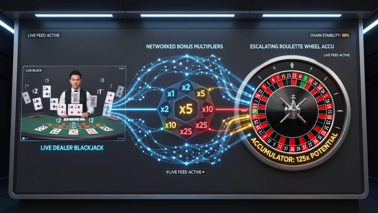 Escalating roulette wheel accumulations fed by chained blackjack bonus multipliers on global casino networks