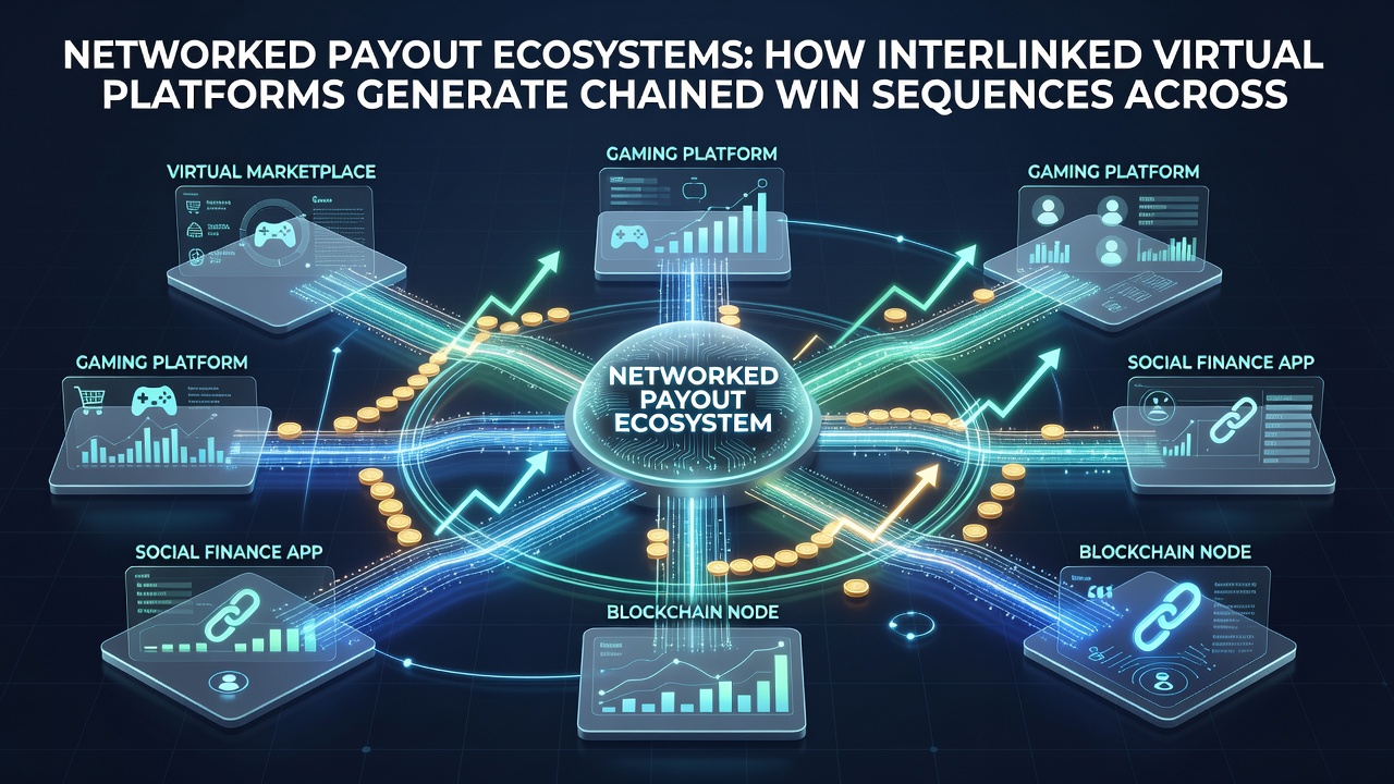 Diagram depicting chained win sequences flowing between slot machines, card tables, and prediction interfaces in a virtual network