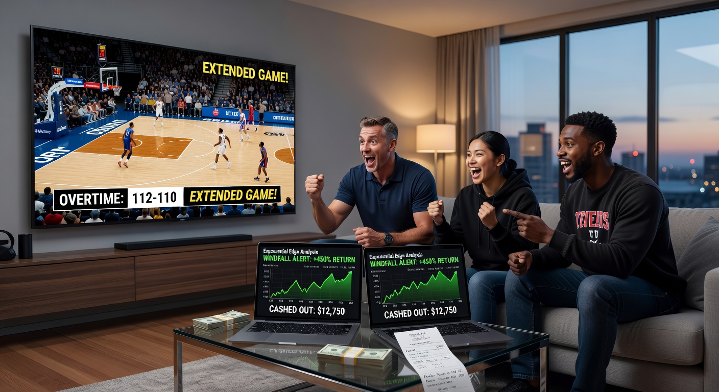 Close-up of hockey overtime action with bettors' screens showing surging odds