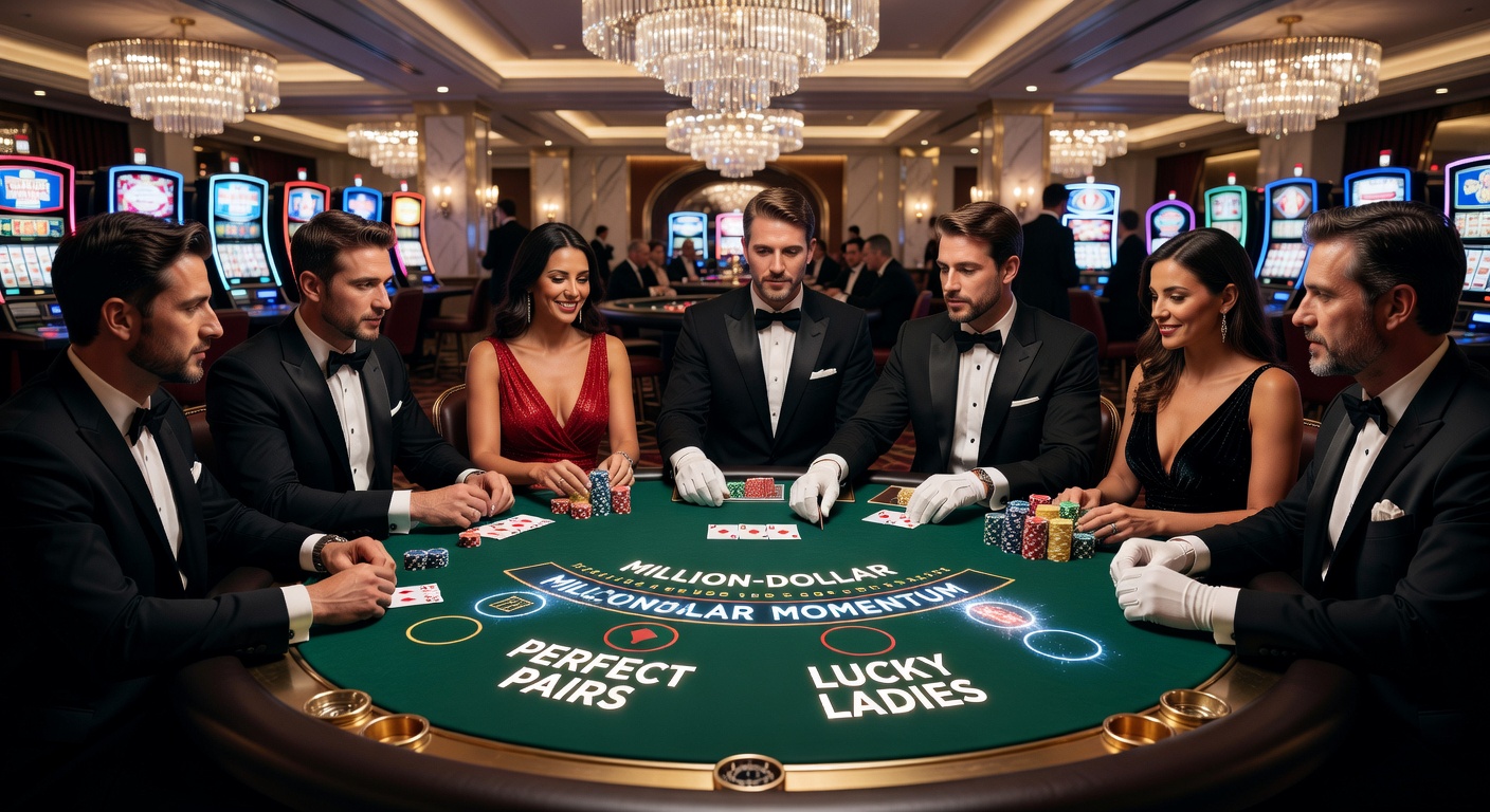 Digital blackjack interface highlighting Lucky Ladies payout table, with glowing chips and a jackpot meter climbing