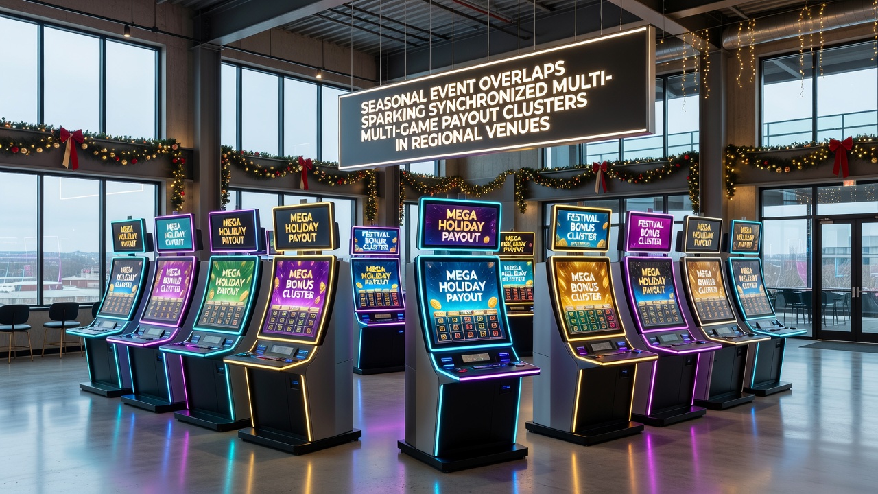 Multiple gaming machines showing simultaneous jackpot alerts in a regional casino