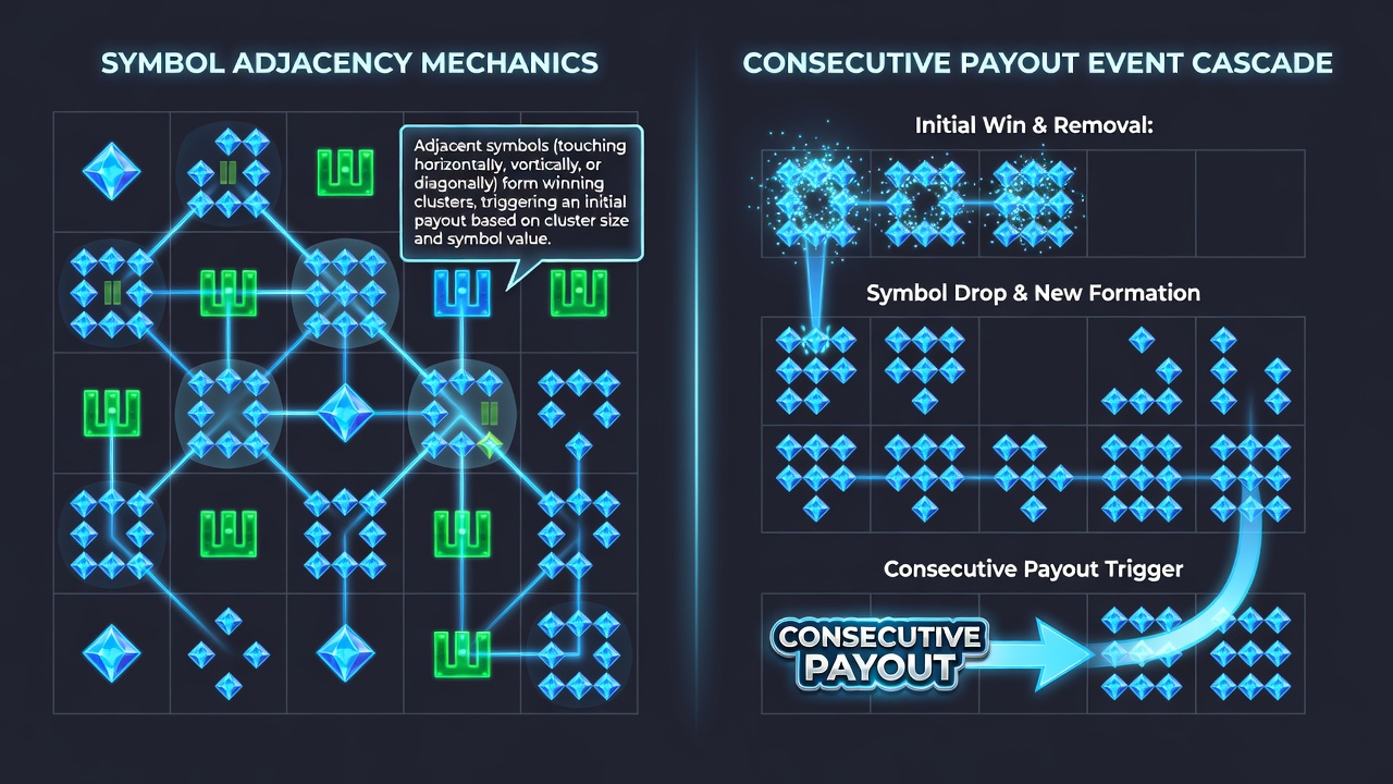 Animation sequence showing cascading symbols after initial cluster payout with new adjacencies forming in subsequent drops