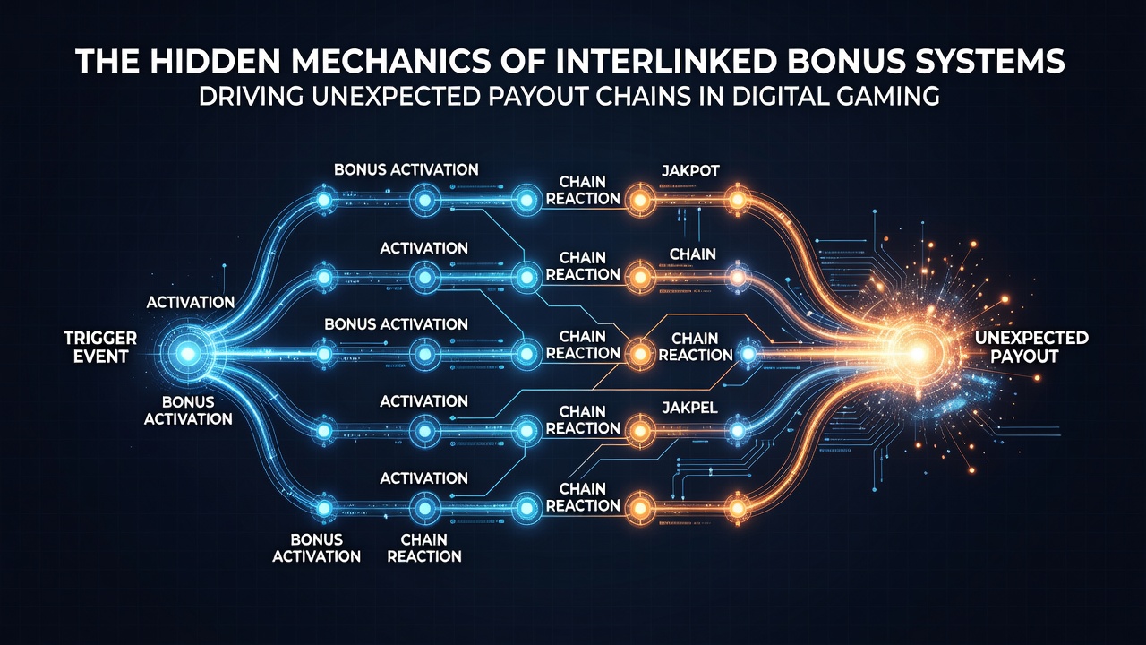 Flowchart showing how bonus triggers move between connected digital gaming titles to form payout chains