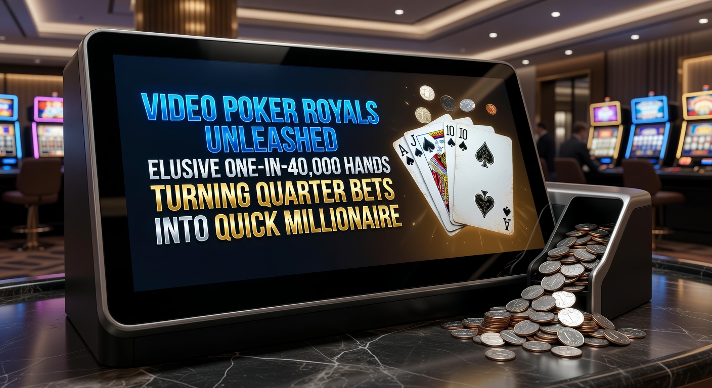 Close-up of a jubilant player celebrating a massive royal flush jackpot on a video poker progressive machine amid casino excitement